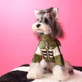 Pet motorcycle jacket coat in olive green with zip front and striped sleeves