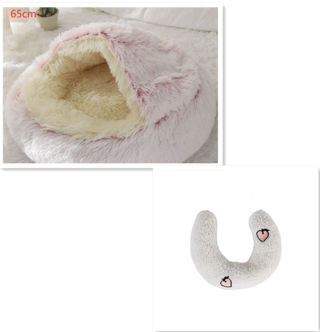 Round plush pet bed with cave opening, pink trim, plus gray U-shaped cushion