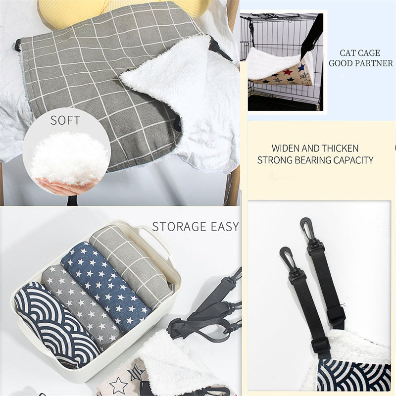 Cat cage hanging hammock bed shown with gray plaid and blue wave star patterns, plush lining