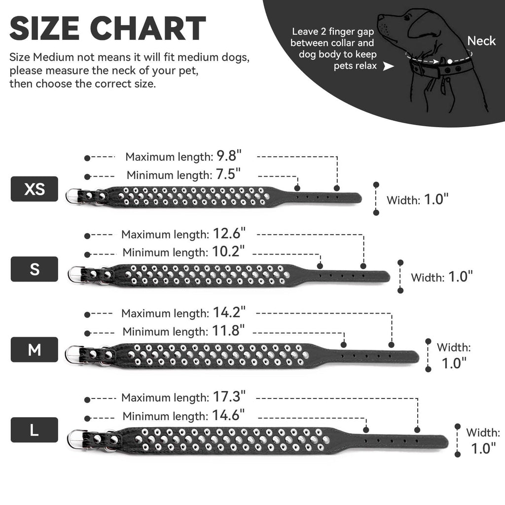 Spiked dog collar size chart showing XS to L length and width measurements.