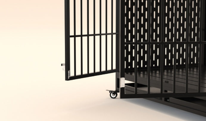 Side view of black perforated dog crate table with latch and open door frame
