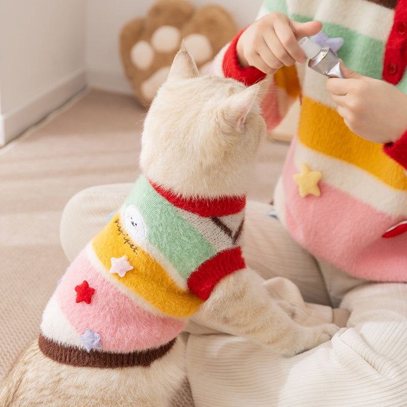 Pet sweater on cat, multicolor stripes with star patches as it’s adjusted