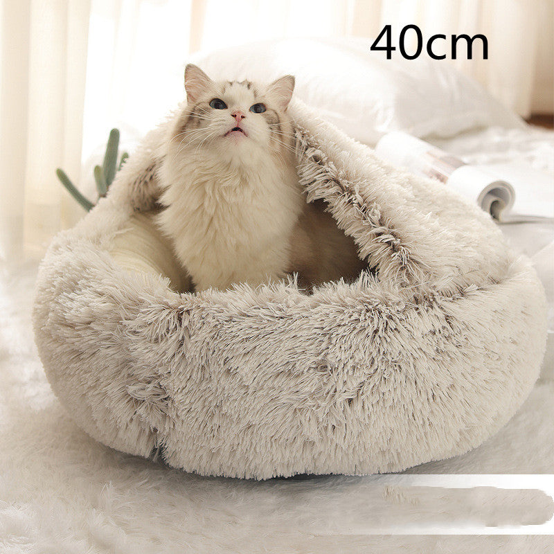 Light grey round plush pet bed house with shaggy rim and cozy inner nest for cats and dogs.