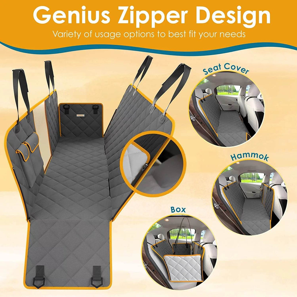 Dog car seat hammock cover showing zipper-style access and multiple mounting views