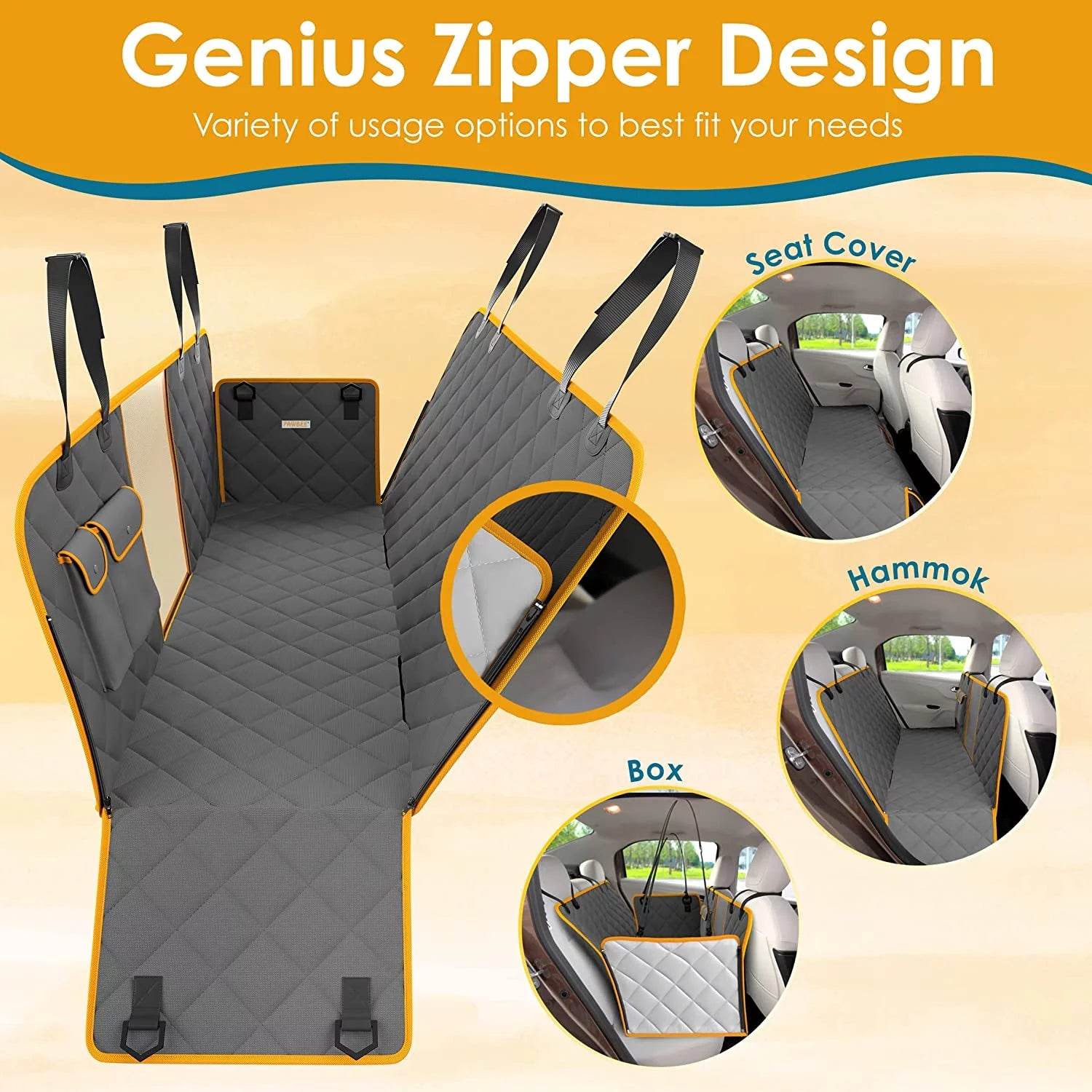 Dog car seat hammock cover showing zipper-style access and multiple mounting views