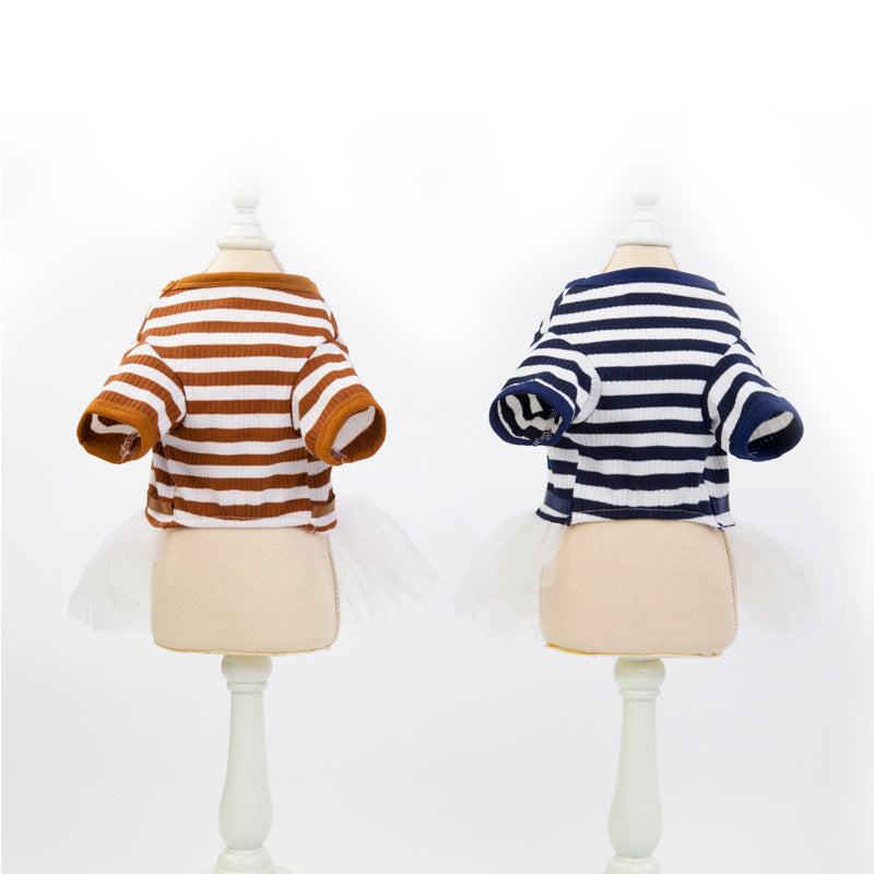 Back view of striped pet skirts: coffee and navy with white tulle and bow ties