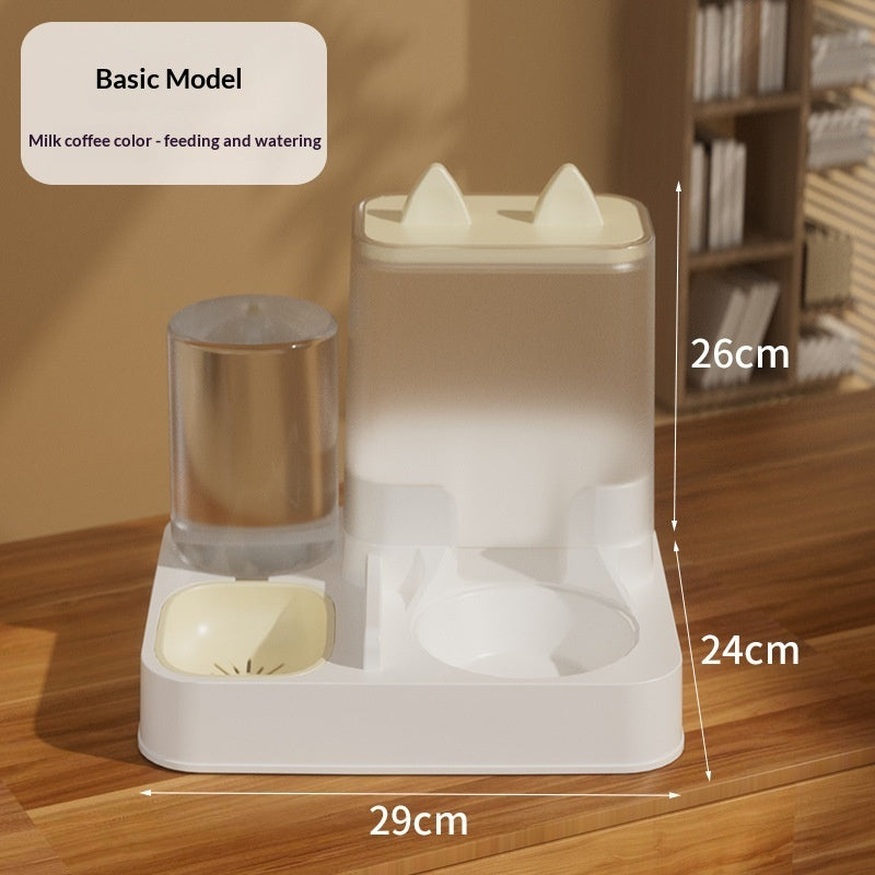 Automatic cat feeder and water dispenser combo bowl, basic model, milk coffee lid and white base