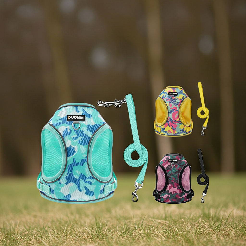 Reflective camouflage dog harness and leash set with blue harness, yellow and pink