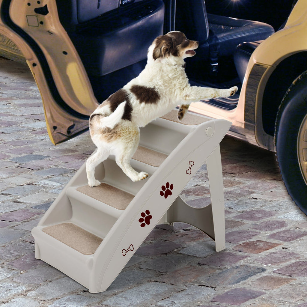 White 4-step collapsible plastic pet stairs with non-slip gray pads and paw print decals