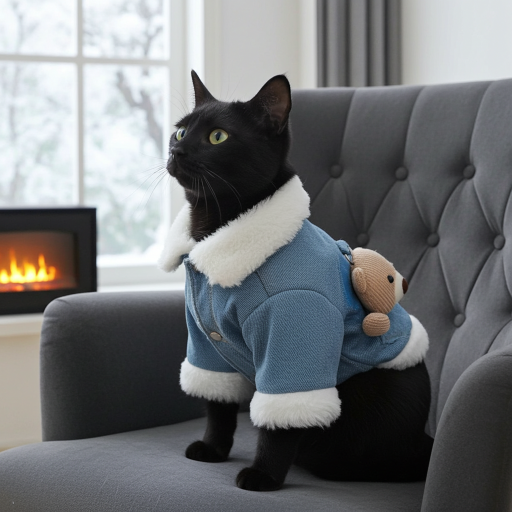 Blue denim pet coat with white sherpa trim and bear-shaped pocket