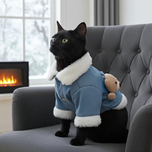 Blue denim pet coat with white sherpa trim and bear-shaped pocket