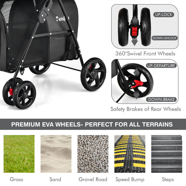 Black double pet stroller showing 360 swivel front wheels and rear safety brakes