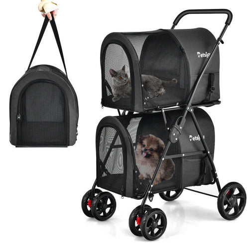 Black 4-in-1 double pet stroller with two mesh carrier bags and curved handle