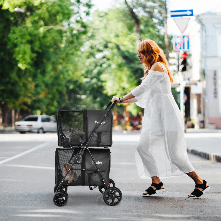 Black double pet stroller with two mesh carrier bags and folding frame on wheels