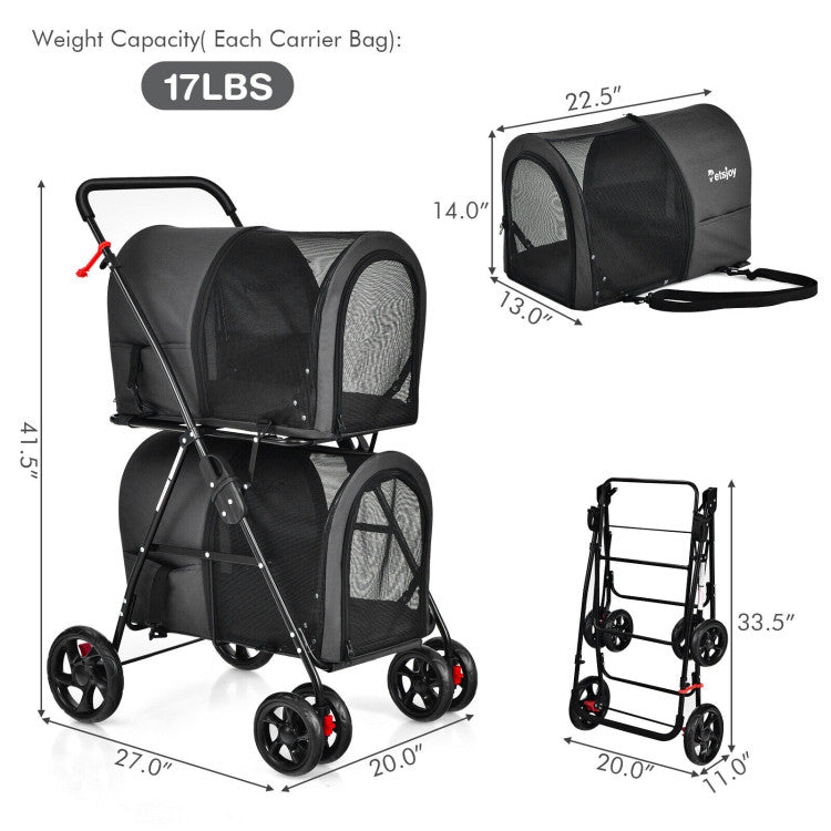 Black double pet stroller with two carrier bags, mesh windows, and four EVA wheels