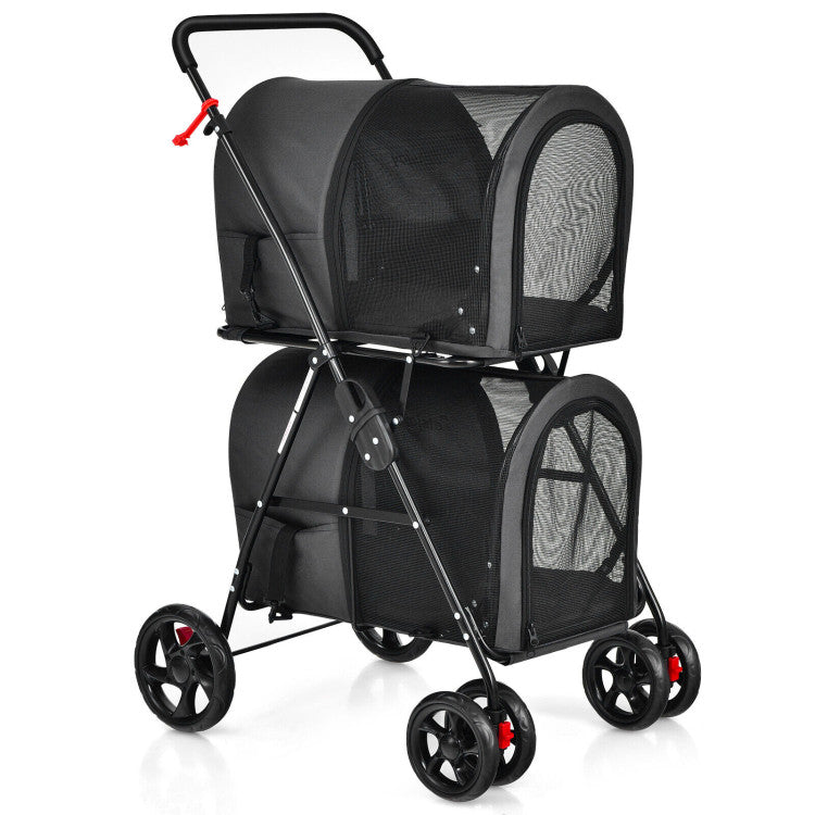 Black double pet stroller with two mesh carrier bags and padded handle