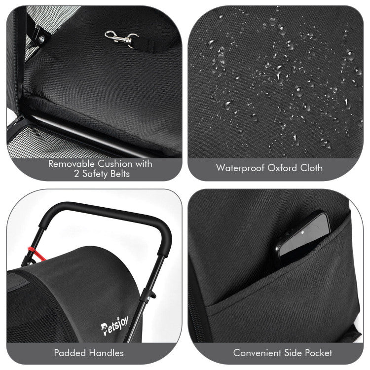 Black pet stroller with padded handles, side pocket, and cushioned seat areas