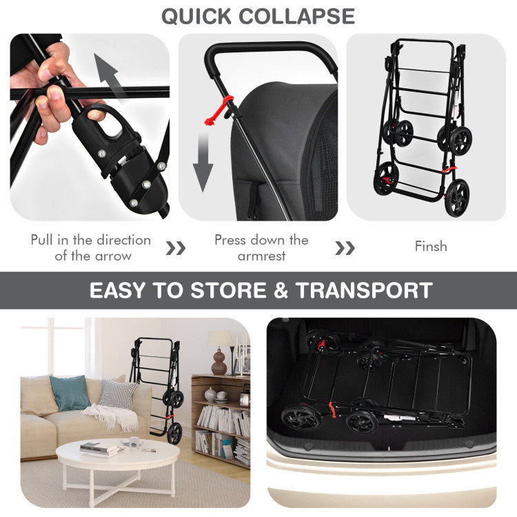 Black 4-in-1 pet stroller with two mesh carrier bags and folded frame for transport