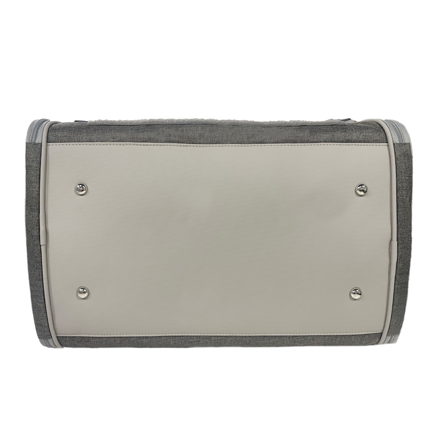 Back view panel of a gray expandable pet carrier with metal grommets and padded edges