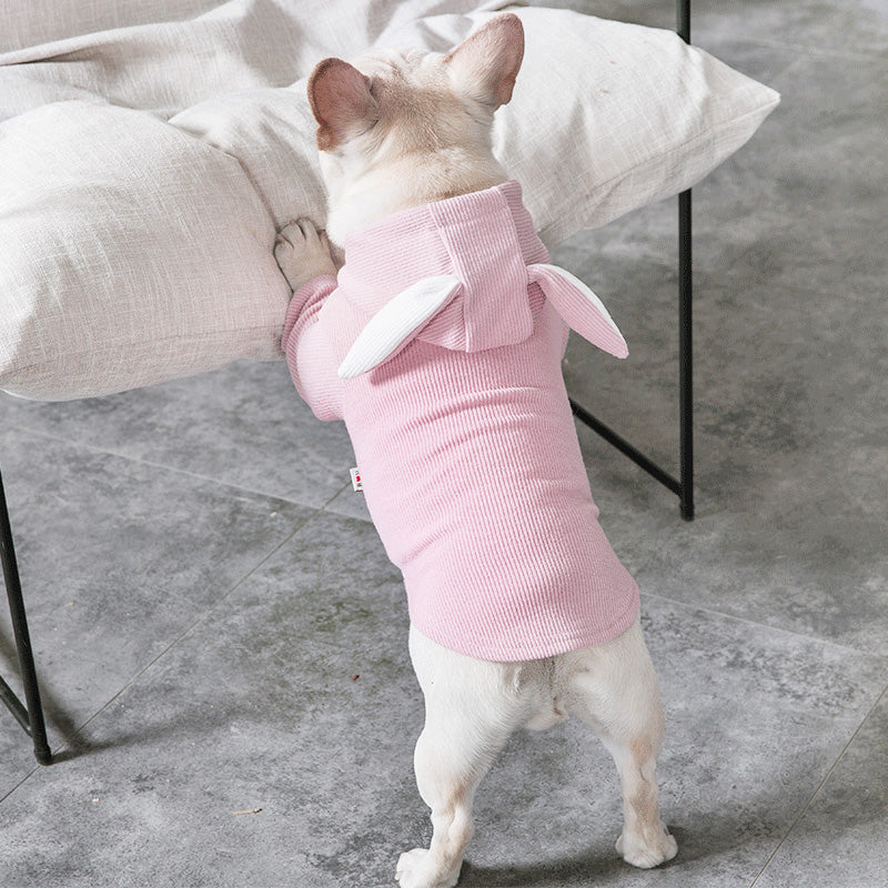 Pink dog hoodie with hood and long bunny-style ears, short sleeves