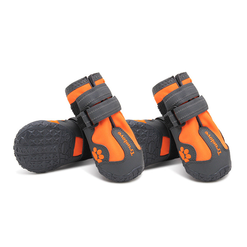 Orange and black pet dog shoes with paw emblem, hook-and-loop strap, non-slip sole