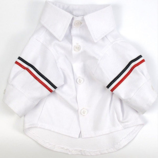 White pet dress shirt with button placket and striped cuffs