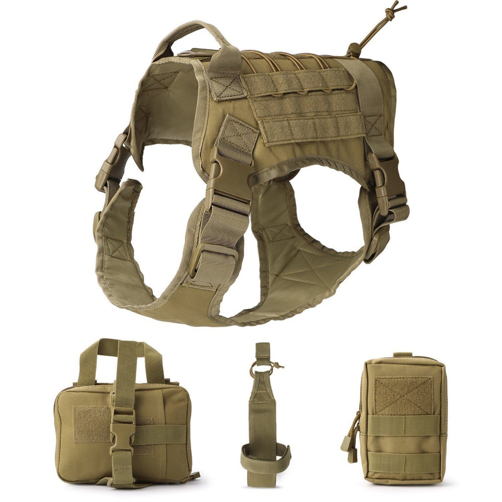 Tan tactical dog harness with padded chest panel, MOLLE straps, and side buckles