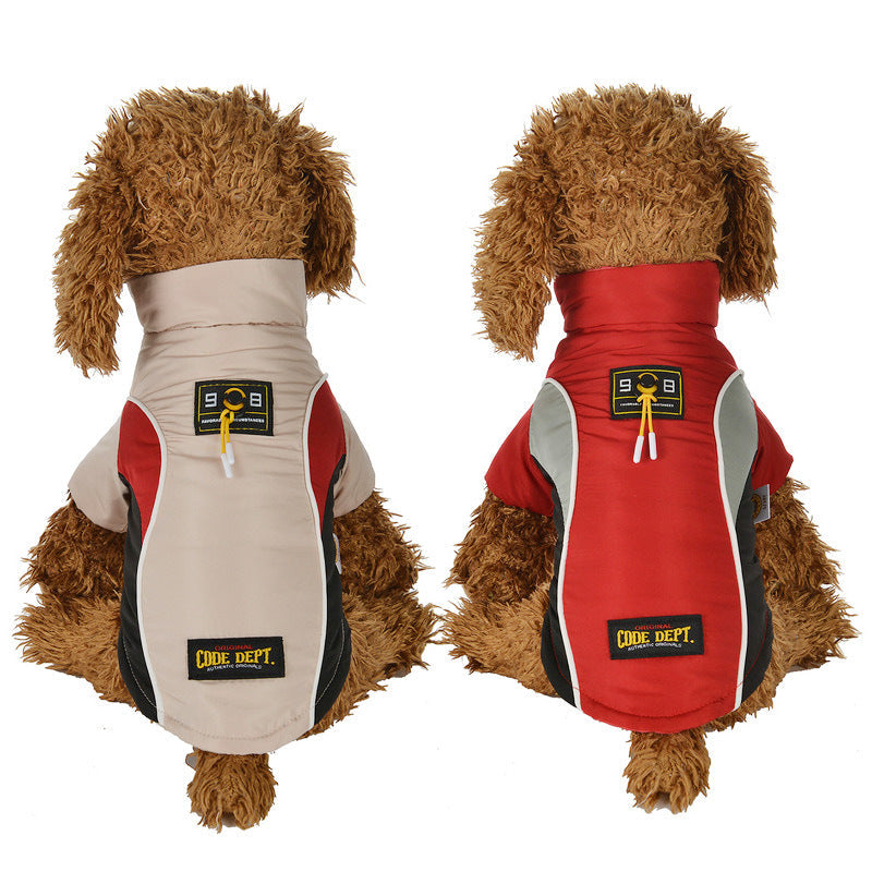 Cotton pet tops in beige and red, color-block design with logo patches