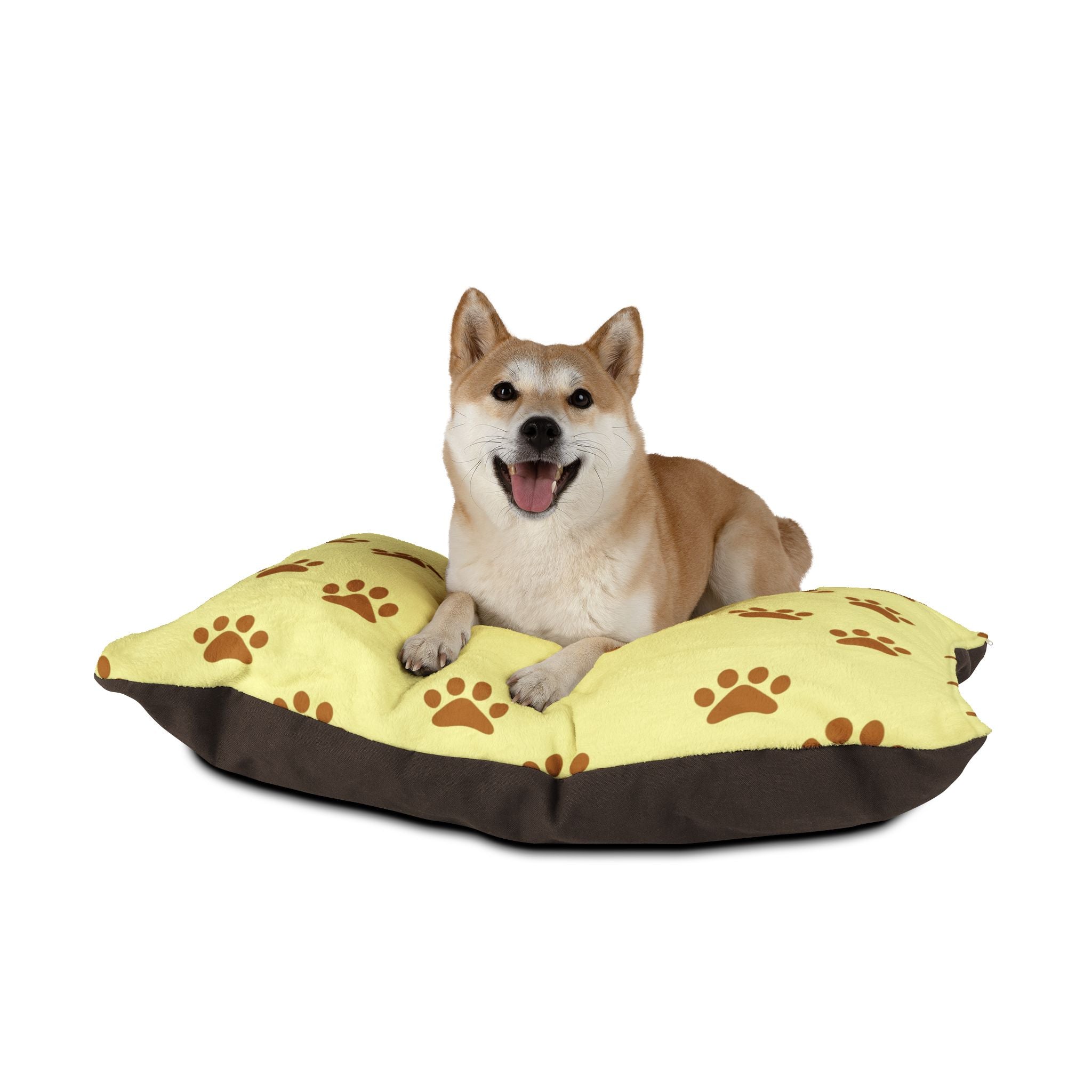 Golden Pawprints on Buttercream Sky Pet Bed — Coral Fleece, Removable Cover, 40" × 30"