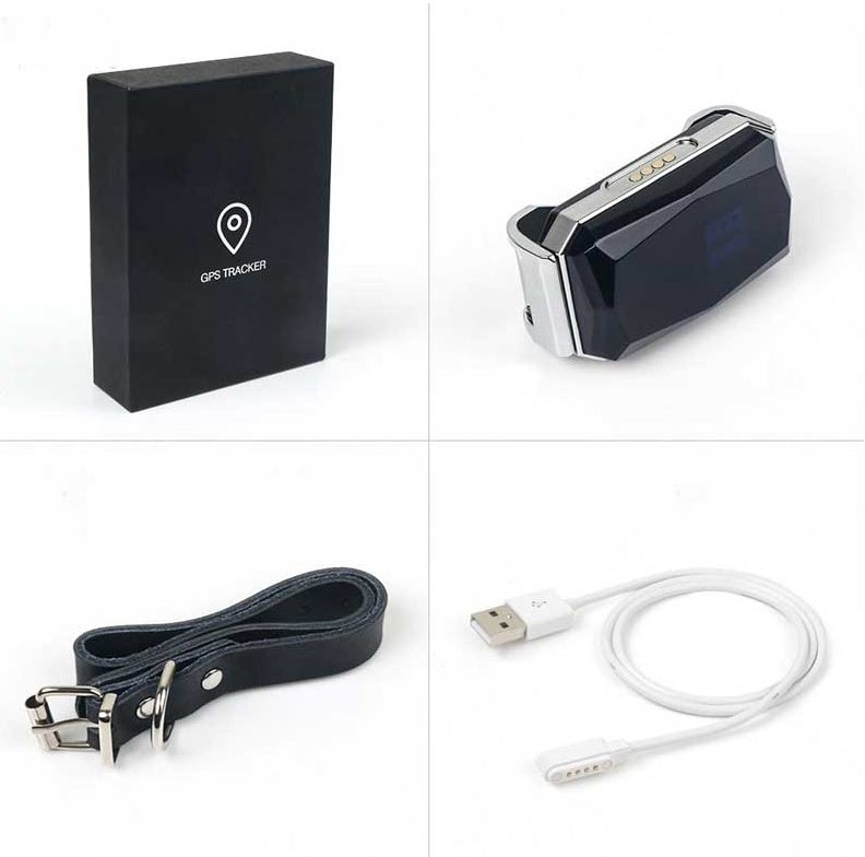 GPS tracker kit: black device, black collar strap, and white USB charging cable