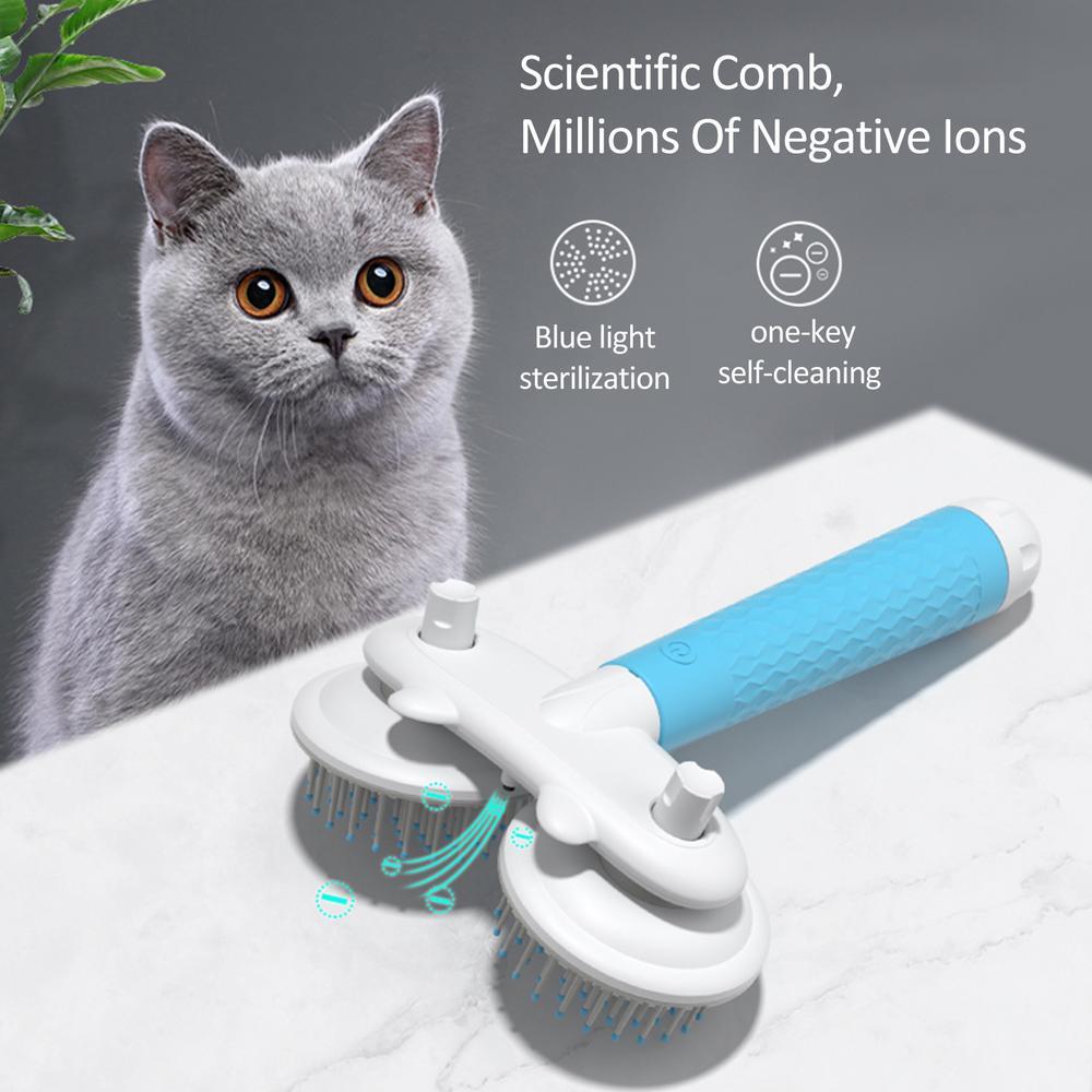 Self-cleaning double-headed pet grooming brush with blue handle and two circular pin combs
