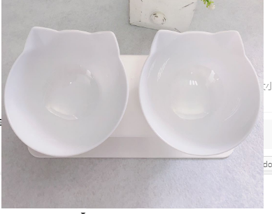 Raised double pet bowl stand with two white cat-shaped bowls on rectangular base