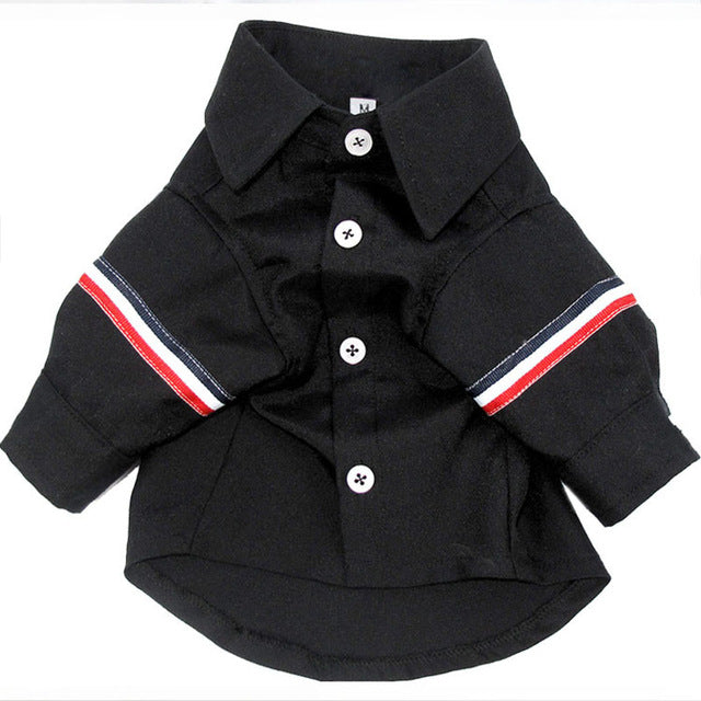 Black pet wedding suit jacket with button front and red-white-blue striped cuffs