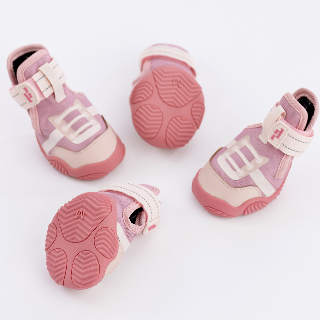 Pink and lavender dog sneakers, mesh uppers, hook-and-loop straps, multiple views