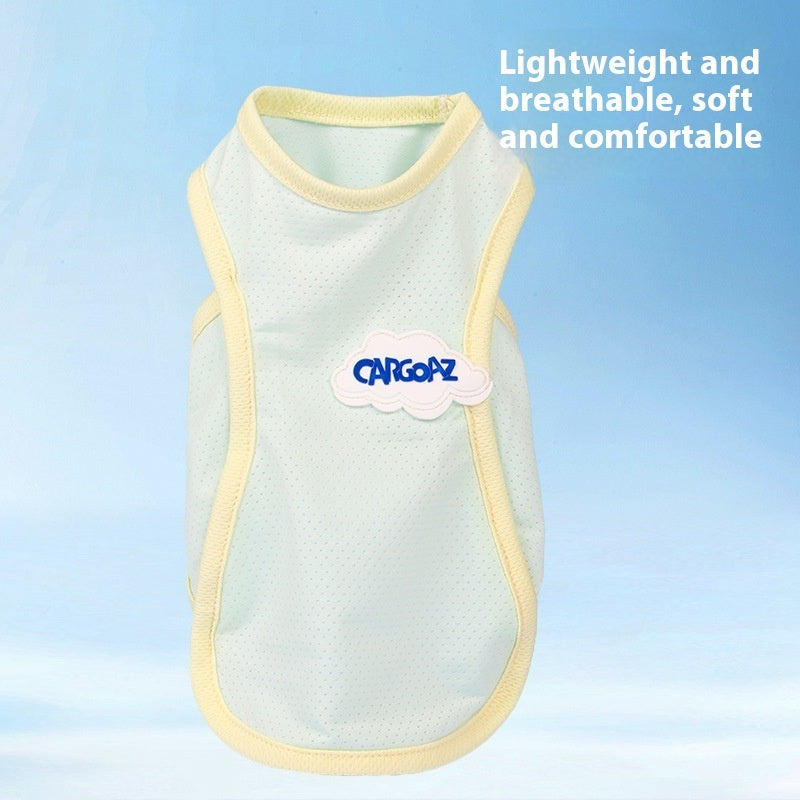Mint cat summer anti-lint vest, sleeveless dotted mesh with yellow trim and CargoZ logo.