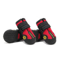 Red and black pet dog shoes with paw emblem, grippy sole texture, hook strap