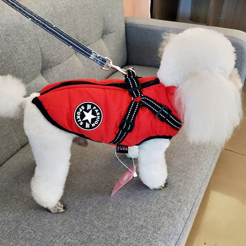 Dog waterproof puffer coat with built-in harness, red, on couch with leash