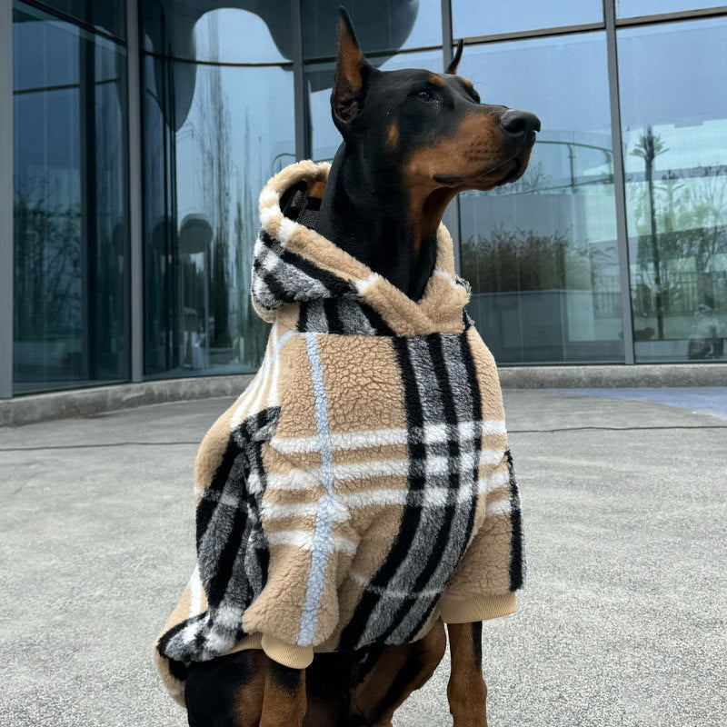 Cream and black plaid dog fleece sweater with hood