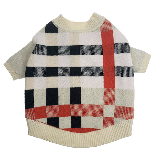 Dog sweater with cream knit collar and black-and-white plaid with red striping