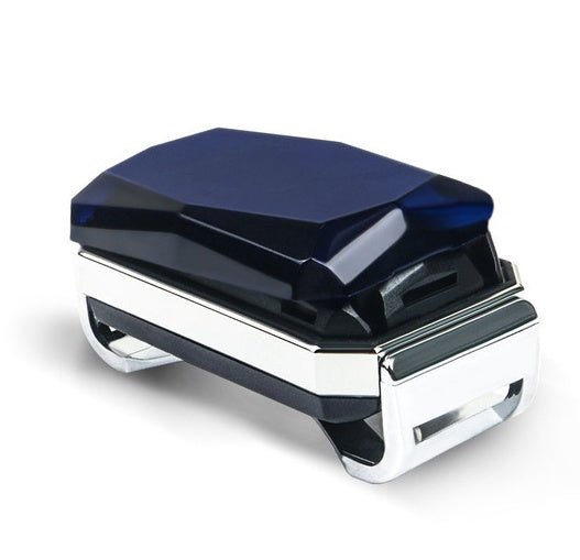 Black and silver GPS tracker unit with blue-tinted display face