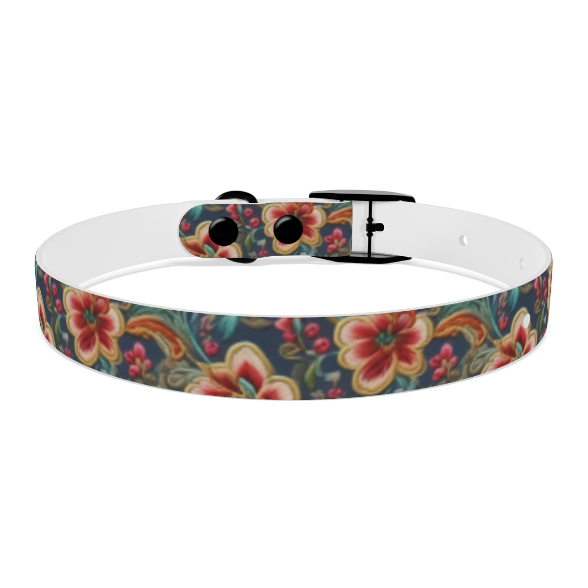 Crimson Blossoms on Teal Vintage Brocade Pet Collar — Waterproof TPU, 4 Buckle Finishes, S–XL