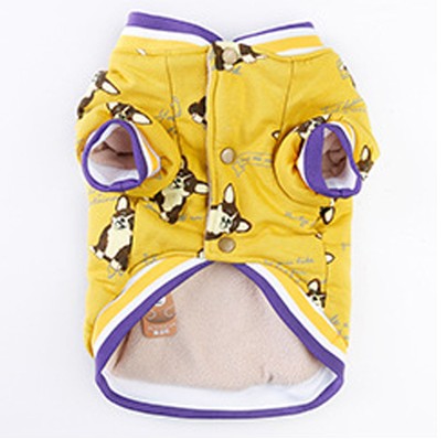 Yellow winter dog coat with dog prints, purple striped trim, button front