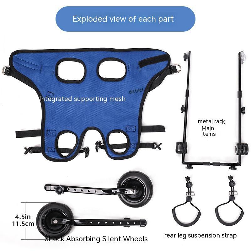 Blue mesh dog wheelchair harness with leg openings, metal rack frame, and shock-absorbing wheels