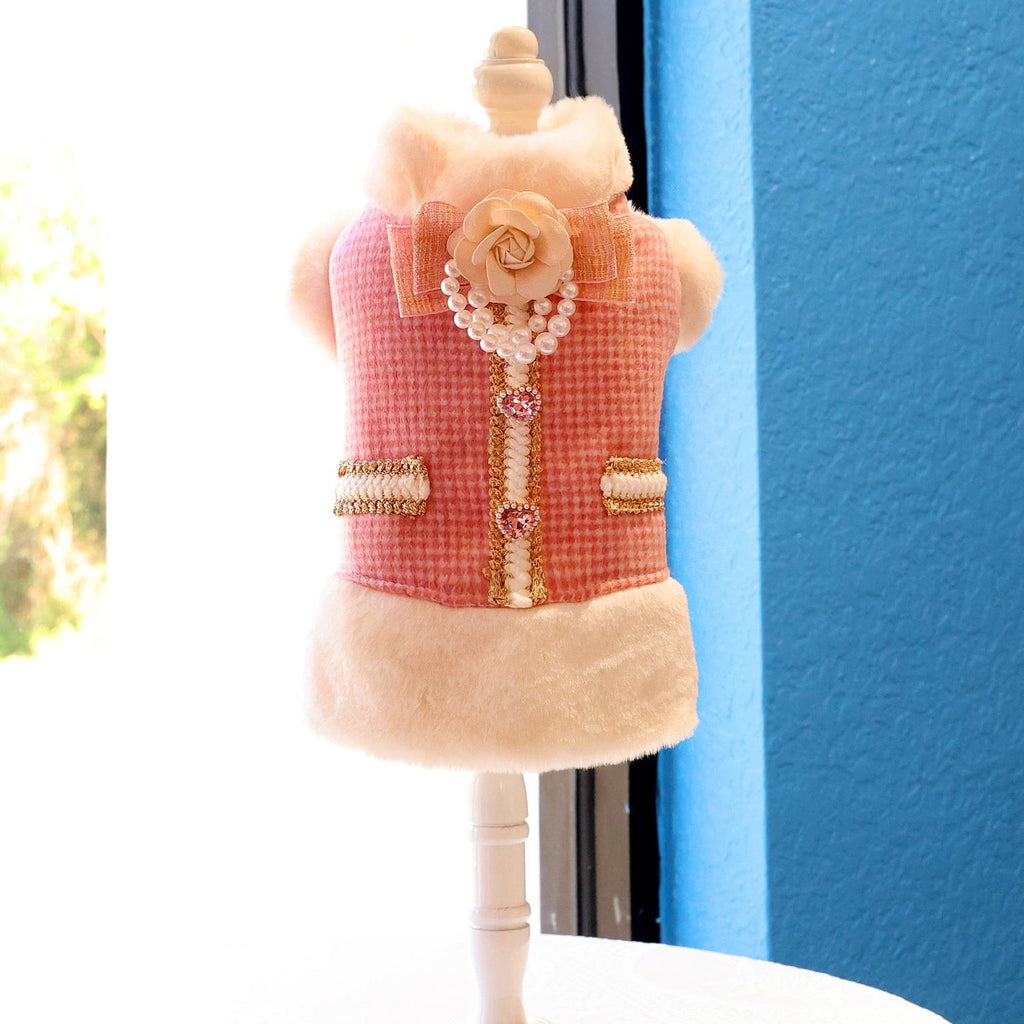 Pink tweed dog coat vest with faux fur trim and pearl flower embellishment