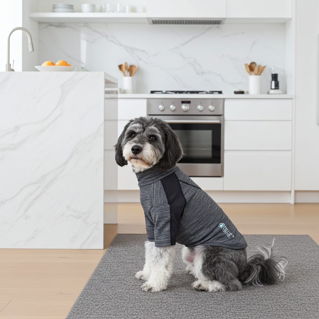 Long-sleeve dog t-shirt in dark charcoal heather with light collar panel