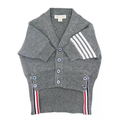 Grey knit cardigan sweater with front buttons and white-and-red striped side panels