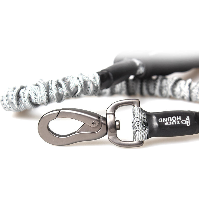 Gray rope dog leash with metal hook clasp and black grip handle, side view