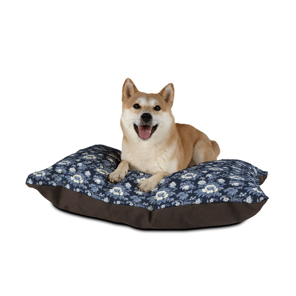 Midnight Blue Garden in Bloom Pet Bed — Coral Fleece, Removable Cover, 40" × 30"