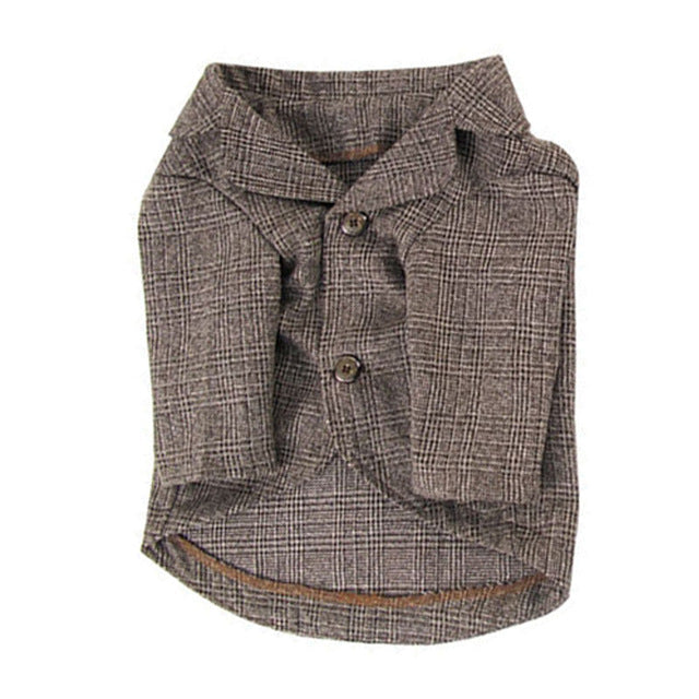 Plaid pet jacket and vest with button front, stand collar, and bow tie
