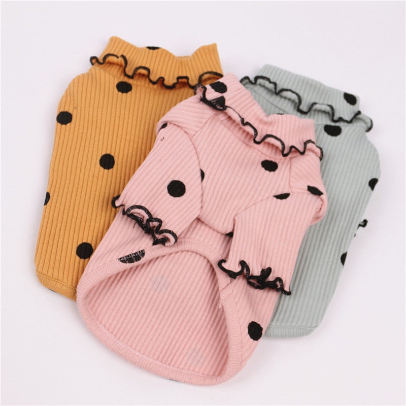Three dot turtleneck dog base layer shirts: tan, pink, and gray